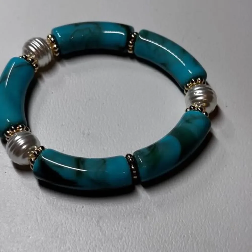 Chunky Blue Acrylic Bamboo Tube Stretch Bracelet Stack with Pearl & Gold Accents